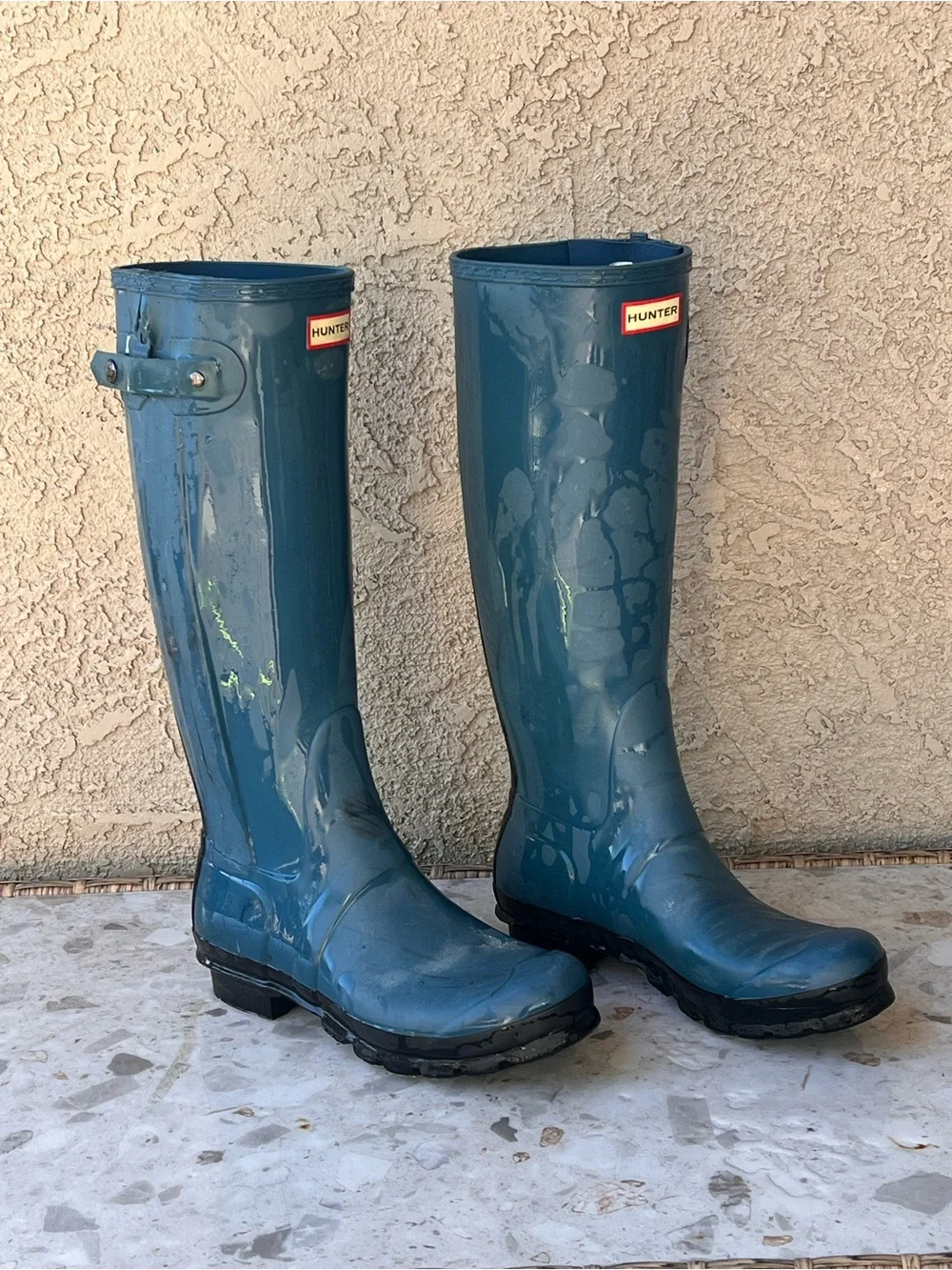 Hunter Original Tall Stripe Rain Boots Two Tone Matte Blue US 9